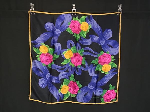 ■美品■ LANVIN ランバン シルク100% フラワー 花 大判 スカーフ ストール ショール レディース ブラック系×マルチカラー DJ8526拍卖