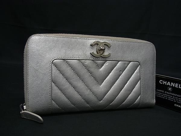 1円 CHANEL シャネル ココマーク マドモアゼル レザー Vステッチ ラウンドファスナー 財布 ウォレット 小銭入れ 札入れ シルバー系 FG8058拍卖