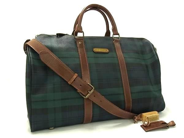 1円■美品■ POLO RALPH LAUREN ポロラルフローレン PVC チェック ボストン トラベルバッグ ハンドバッグ ショルダー グリーン系 FV3350拍卖