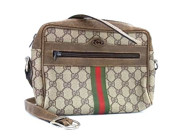 1円 GUCCI オールドグッチ ヴィンテージ シェリーライン GGスプリーム PVC×レザー ショルダーバッグ ベージュ系×ブラウン系 BQ2066拍卖