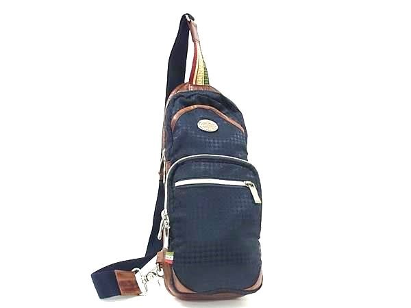 1円 ■美品■ Orobianco オロビアンコ ナイロンキャンバス×レザー 千鳥格子柄 ボディバッグ ショルダー ネイビー系×ブラウン系 BS1159拍卖