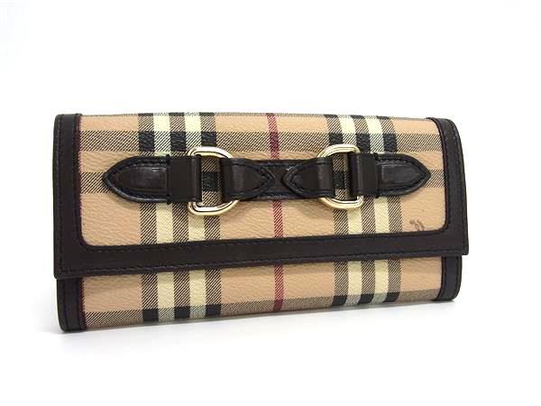 1円 ■美品■ BURBERRY バーバリー ノバチェック PVC×レザー 二つ折り 長財布 ウォレット 札入れ 小銭入れ カード入れ ベージュ系 FV3466拍卖