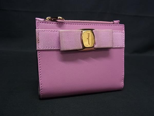 1円 Salvatore Ferragamo フェラガモ JP-22-E009 ヴァラリボン レザー 二つ折り 財布 ウォレット レディース ピンク系 BQ2316拍卖