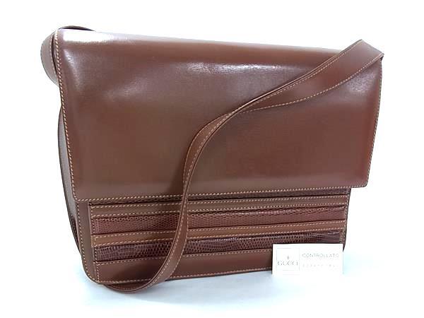 1円 ■美品■ GUCCI オールドグッチ 001 109 1314 ヴィンテージ レザー×リザード クロスボディ ショルダーバッグ ブラウン系 BN4364拍卖