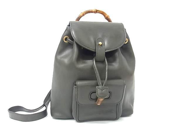 1円 ■美品■ GUCCI グッチ 003 1705 0030 バンブー レザー 巾着型 リュックサック バックパック デイパック レディース カーキ系 BP5557拍卖