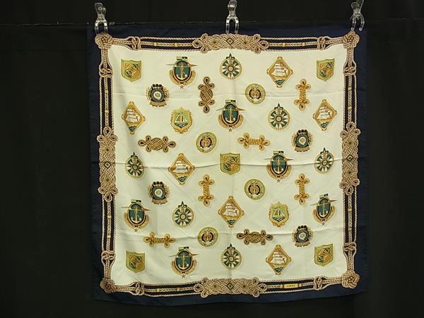 1円 LOEWE ロエベ シルク100% 総柄 大判 スカーフ ストール ショール レディース ネイビー系 BM9808拍卖