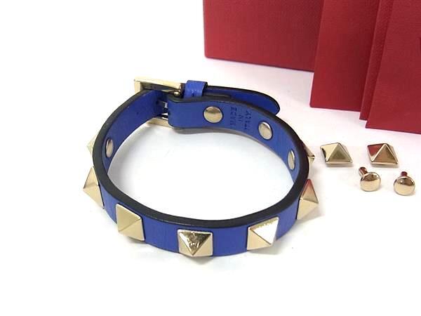 1円 ■美品■ VALENTINO ヴァレンティノ レザー スタッズ ブレスレット チョーカー アクセサリー レディース メンズ ブルー系 FU3675拍卖