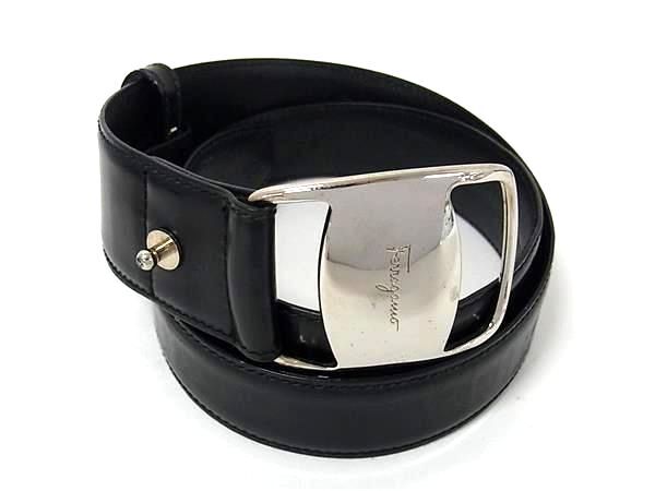 1円 Salvatore Ferragamo フェラガモ ヴァラ レザー シルバー金具 ベルト レディース ブラック系 GA5603拍卖
