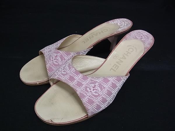 1円 CHANEL シャネル ココマーク ニュートラベルライン キャンバス ヒール サンダル サイズ37 1/2(約24.5cm) シューズ ピンク系 FN7565拍卖