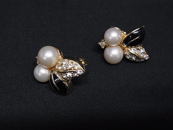 1円 ■美品■ ChristianDior ディオール ヴィンテージ パール ラインストーン クリップ式 イヤリング アクセサリー ゴールド系 GB2365拍卖