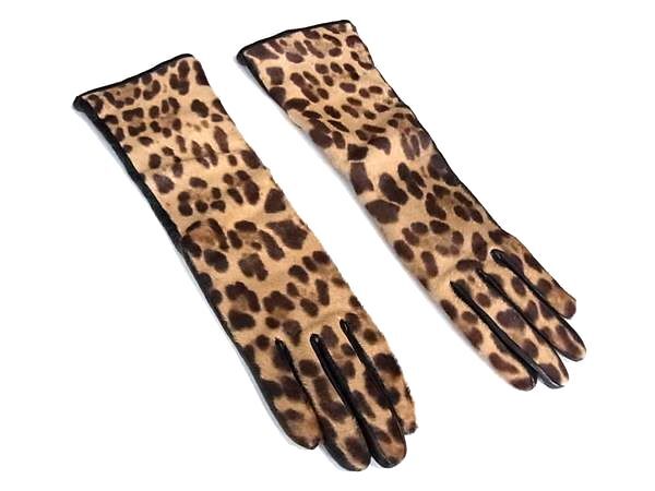 1円 ■美品■ DOLCE&GABBANA ドルチェ&ガッバーナ レオパード ヒョウ柄 ハラコ レザー ロンググローブ 手袋 防寒具 ブラウン系 BK6061拍卖
