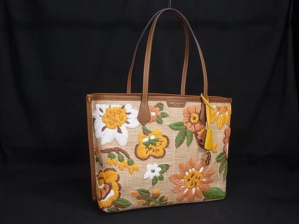 1円 ■美品■ TORY BURCH トリーバーチ ペリー ストロー×レザー フラワー 花柄 トートバッグ ハンドバッグ 肩掛け ブラウン系 FV3370拍卖