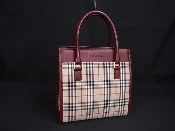 1円 ■美品■ BURBERRY バーバリー ノバチェック キャンバス×レザー ハンドバッグ トート レディース ベージュ系×ボルドー系 FV3418拍卖