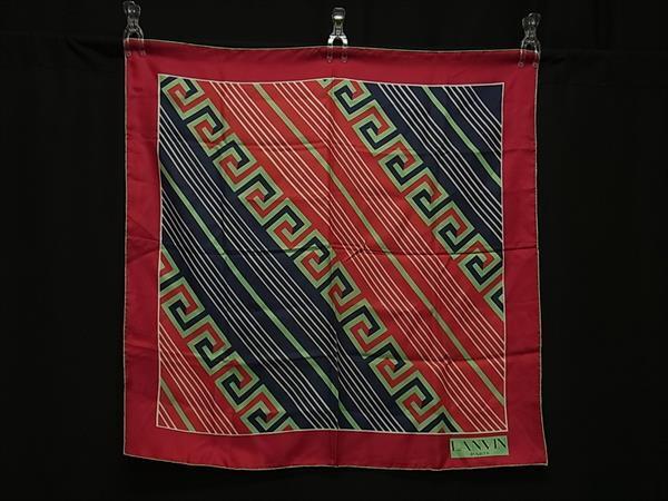 ■美品■ LANVIN ランバン シルク100% 総柄 大判 スカーフ ストール ショール レディース レッド系×ネイビー系 DG4907拍卖