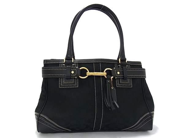 1円 ■美品■ COACH コーチ 10508 シグネチャー キャンバス×レザー トートバッグ ショルダーバッグ 肩掛け レディース ブラック系 BQ2047拍卖