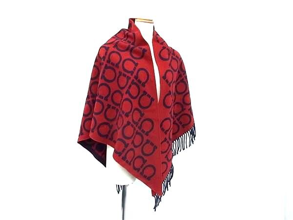 1円 ■新品■未使用■ Salvatore Ferragamo フェラガモ ガンチーニ柄 ウール×カシミヤ ストール ショール ボルドー系×ネイビー系 FN4872拍卖