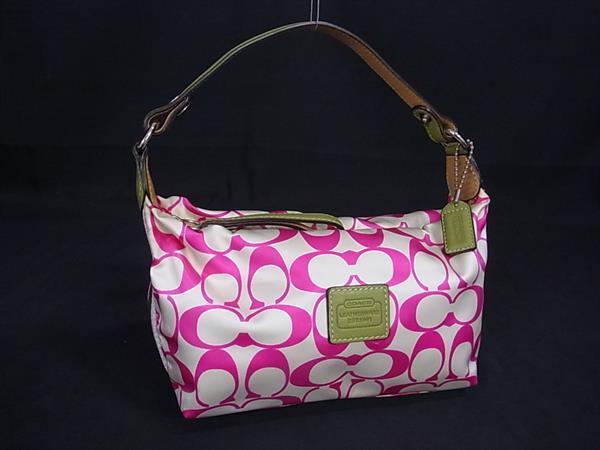 1円 COACH コーチ シグネチャー ナイロン×レザー ワンハンドル ハンドバッグ レディース アイボリー系×ピンク系 FR6227拍卖