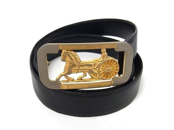 1円 CELINE セリーヌ ヴィンテージ 馬車金具 レザー ゴールド金具 ベルト レディース ブラック系 FP8381拍卖