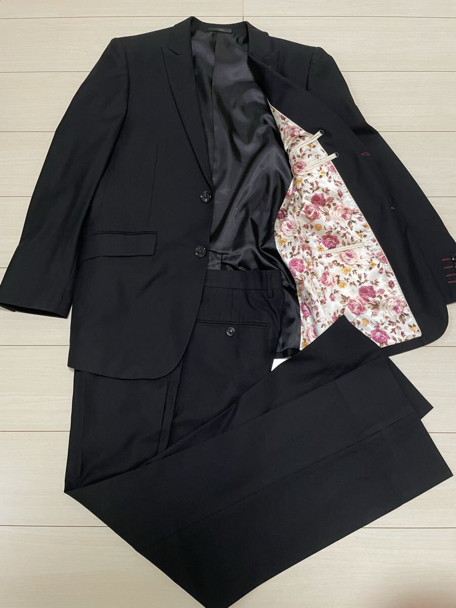 【レア】Paul Smith ポールスミス セットアップ スーツ 薄ピンストライプ ブラック 裏地マルチカラー花柄拍卖