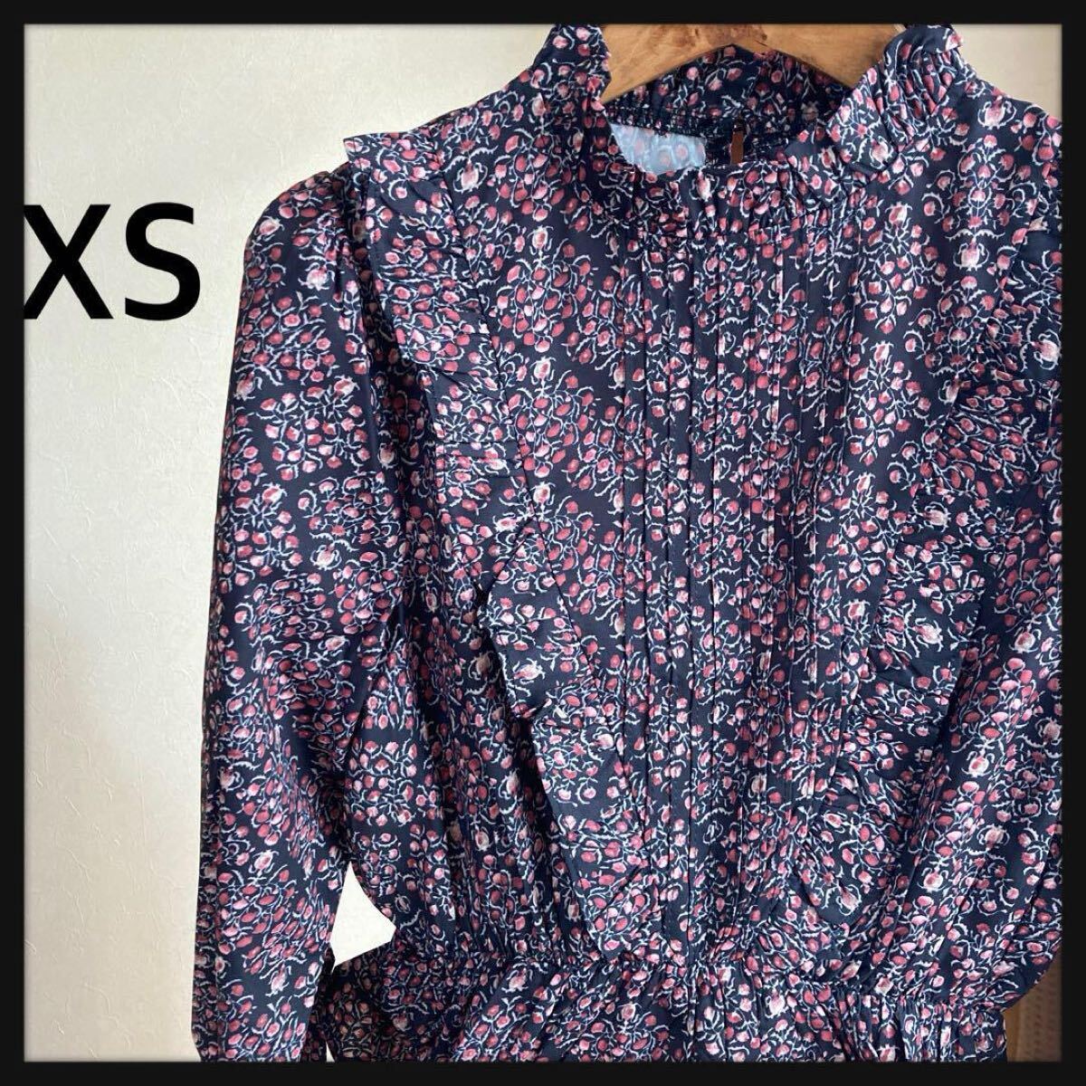 最終SALE! 長袖 ブラウス レディース XS ブラック柄 黒 フリル 小さいサイズ ショート丈 春拍卖