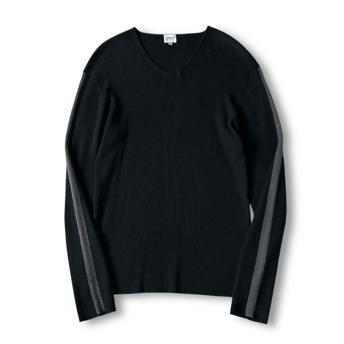 高級カシミヤ素材 希少サイズ 52 XL相当 ARMANI COLLEZIONI アルマーニ 袖ライン ニット セーター 黒 長袖 シャツ トップス メンズ 正規品拍卖