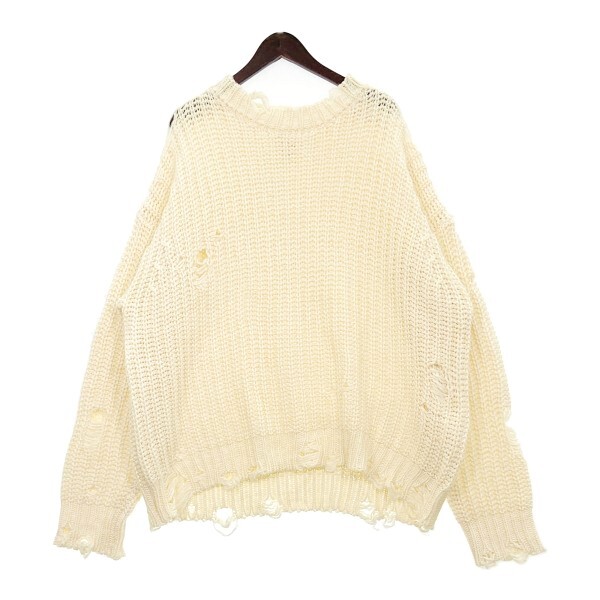 KAMIYA カミヤ ローゲージ ニット セーター 美品 G13PO054 ワイドシルエット ダメージ加工 メンズ Mサイズ ホワイト トップス DM16990■拍卖