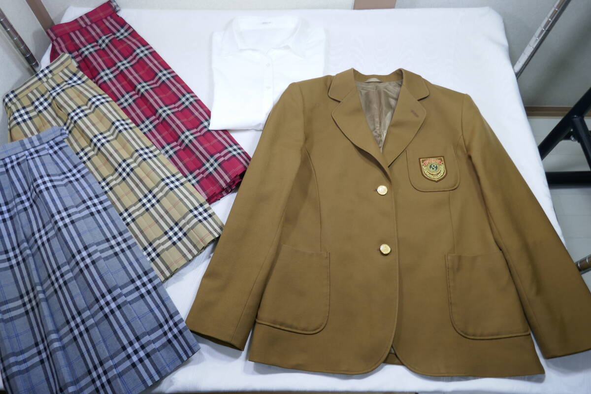 10 千葉県 志学館 中等部・高等部 ブレザー(L) 冬&夏チェック柄スカート(W66) 半袖シャツ(L) Seagull シーガルスクール (検 制服 学生服拍卖
