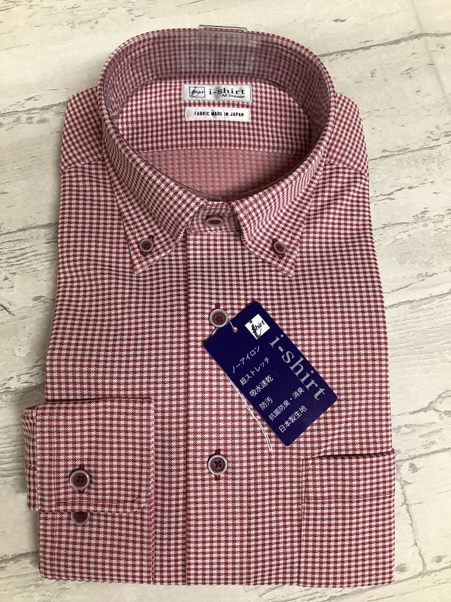 新品未使用★39-82 長袖Mサイズ ★赤系チェック柄 ボタンダウン 定価4,990円 スーパーストレッチニット素材ドレスシャツ拍卖