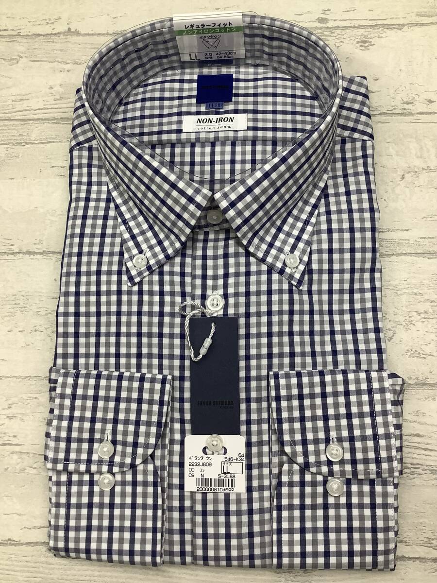 ★新品未使用★43-86 ★カッターシャツ★LLサイズ 定価5,990円の品★綿100% ボタンダウンドレスシャツ ★ブルー&グレーチェック拍卖