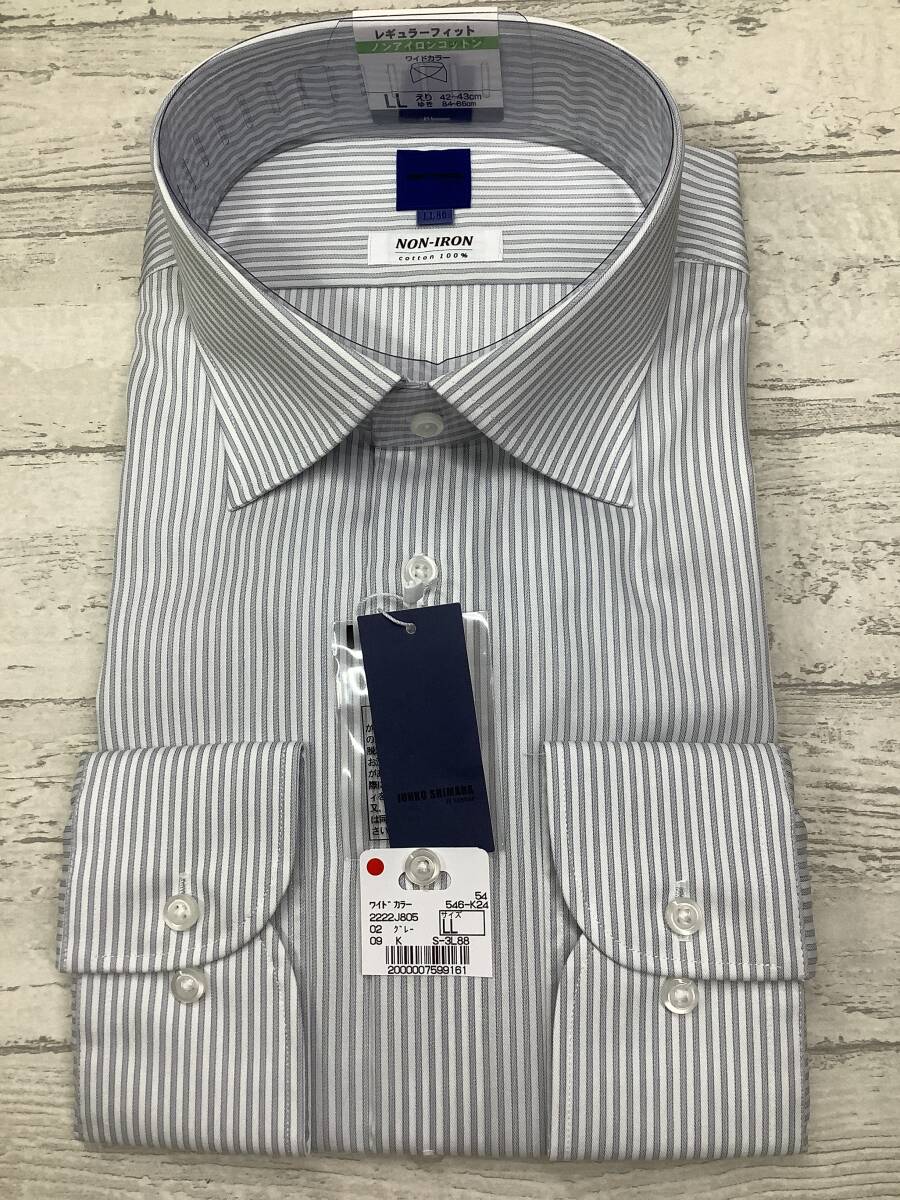 ★新品未使用★43-86 ★カッターシャツ★LLサイズ 定価5,990円の品★綿100% ★ワイドカラードレスシャツ ★グレーラインストライプ柄拍卖