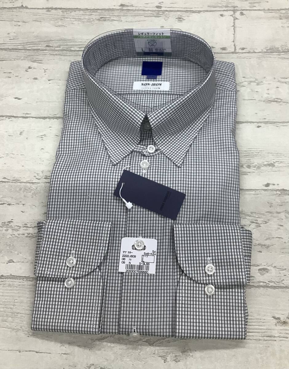 新品未使用 41-86 長袖Lサイズ ★綿100%★白地に黒ライン チェック柄 ★タブカラー★ドレスシャツ ノンアイロンコットン拍卖
