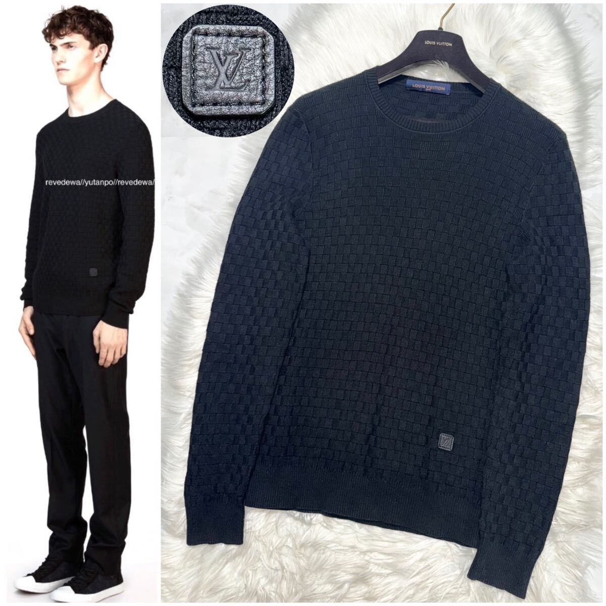 本物 美品 ルイヴィトン LVレザーパッチ ダミエ ニット セーター M 黒 LOUIS VUITTON拍卖