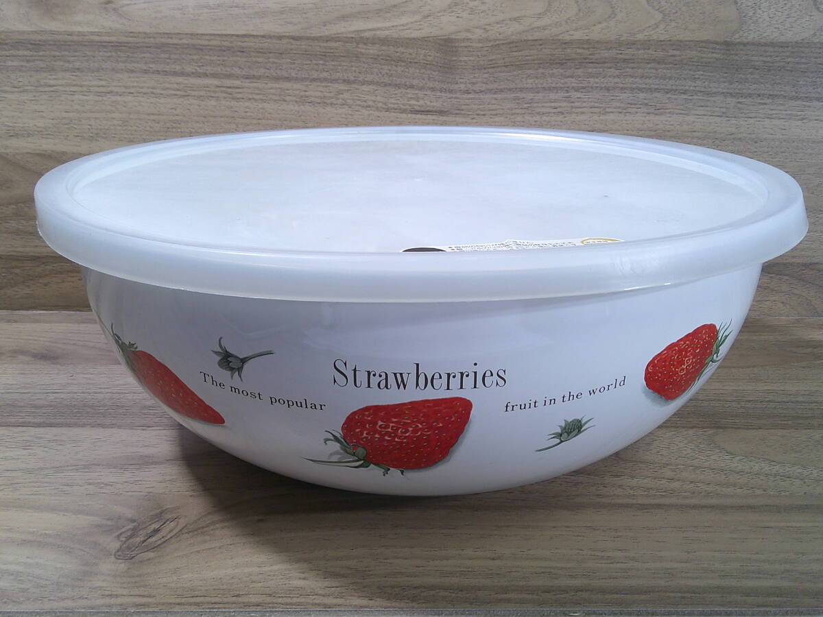 ◆EJIRY エジリー イチゴ柄 ホーローボウル 蓋付 直径約30cm×12cm※現状品■80拍卖