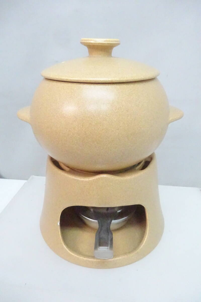 ★399)陶器チーズフォンデュセット・全長25㎝ 鍋Ф12x高さ10㎝ 箱、説明書なし※中古/使用感現状品■80拍卖