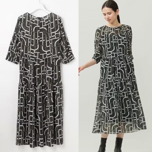 自由区【洗える】ジオメトリックレトロプリント ワンピース 44(15号)・新品※大きいサイズ拍卖