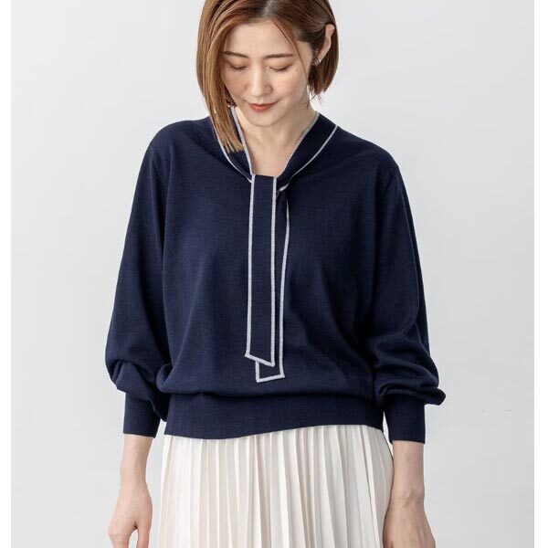 23区【洗える】ウーステッドウール ボウタイ ニット 38(Mサイズ・紺)新品・セーター拍卖