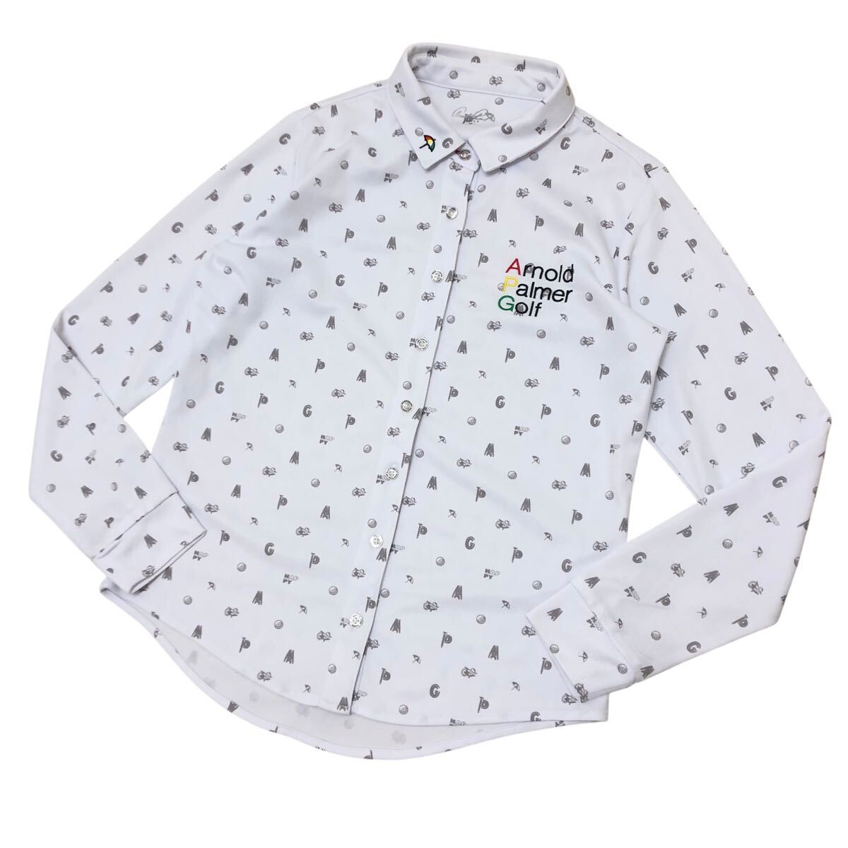 10NK005-47 Arnold Palmer アーノルドパーマー GOLF ゴルフ ゴルフウェア ポロシャツ 長袖 シャツ 白 総柄 レディース 女性用 M拍卖