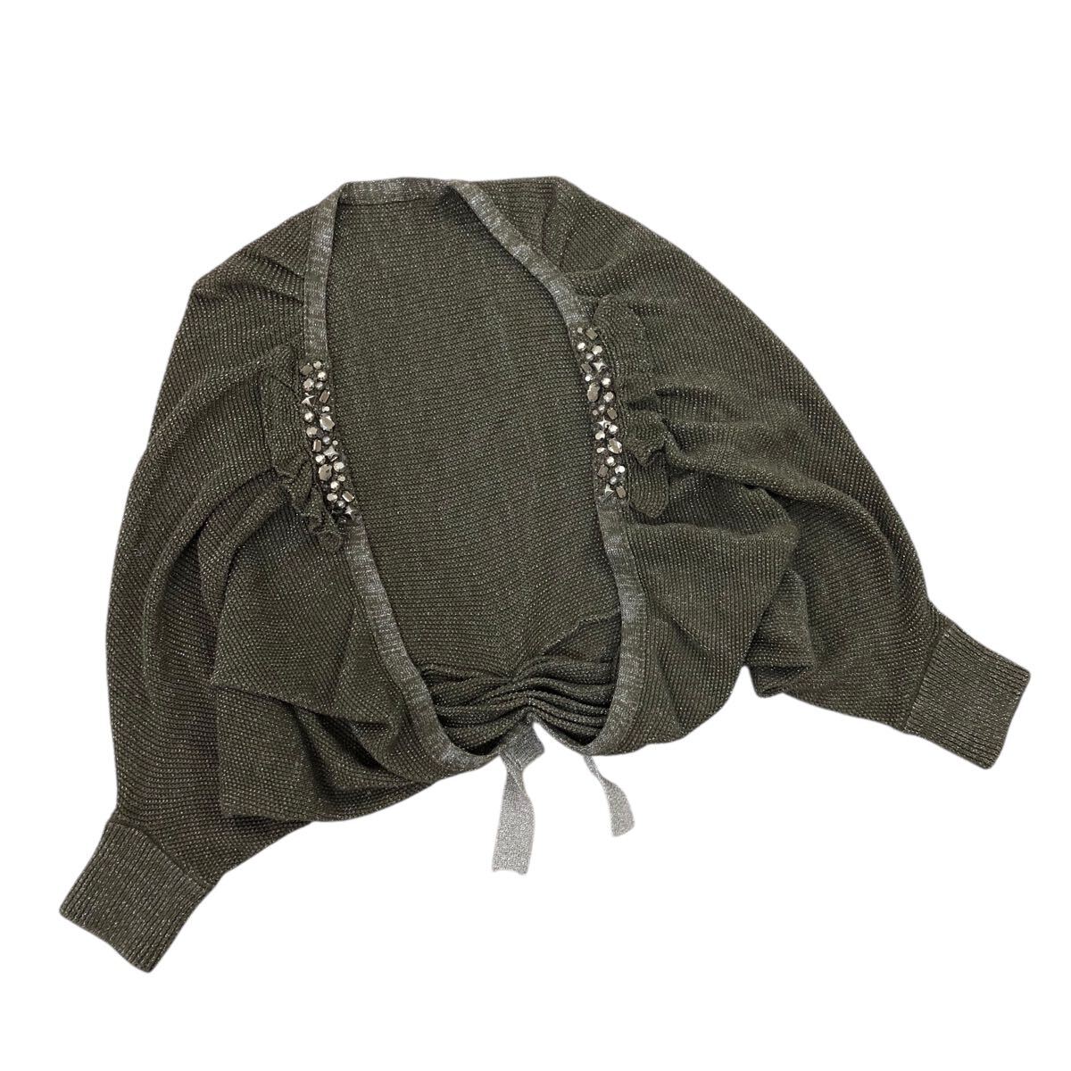 10Nm329-48 TO BE CHIC トゥービーシック コットン リネン ラメ ニット ドルマン カーディガン 上羽織 ビジュー フリル リボン カーキ Ⅱ拍卖