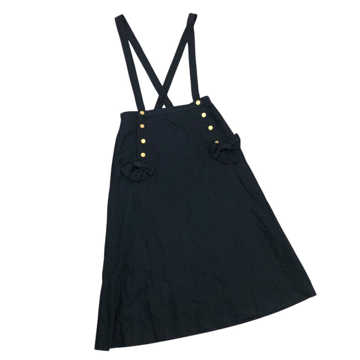 10m662-67 INGEBORG インゲボルグ リネン コットン ジャンパースカート 金ボタン リボン サスペンダー ロング スカート ボトムス ブラック拍卖