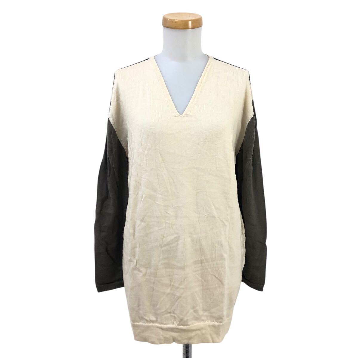 10Nm330-80 AMACA アマカ Vネック 長袖 配色 デザイン ウール ニット セーター トップス アイボリー系 レディース 38 日本製拍卖