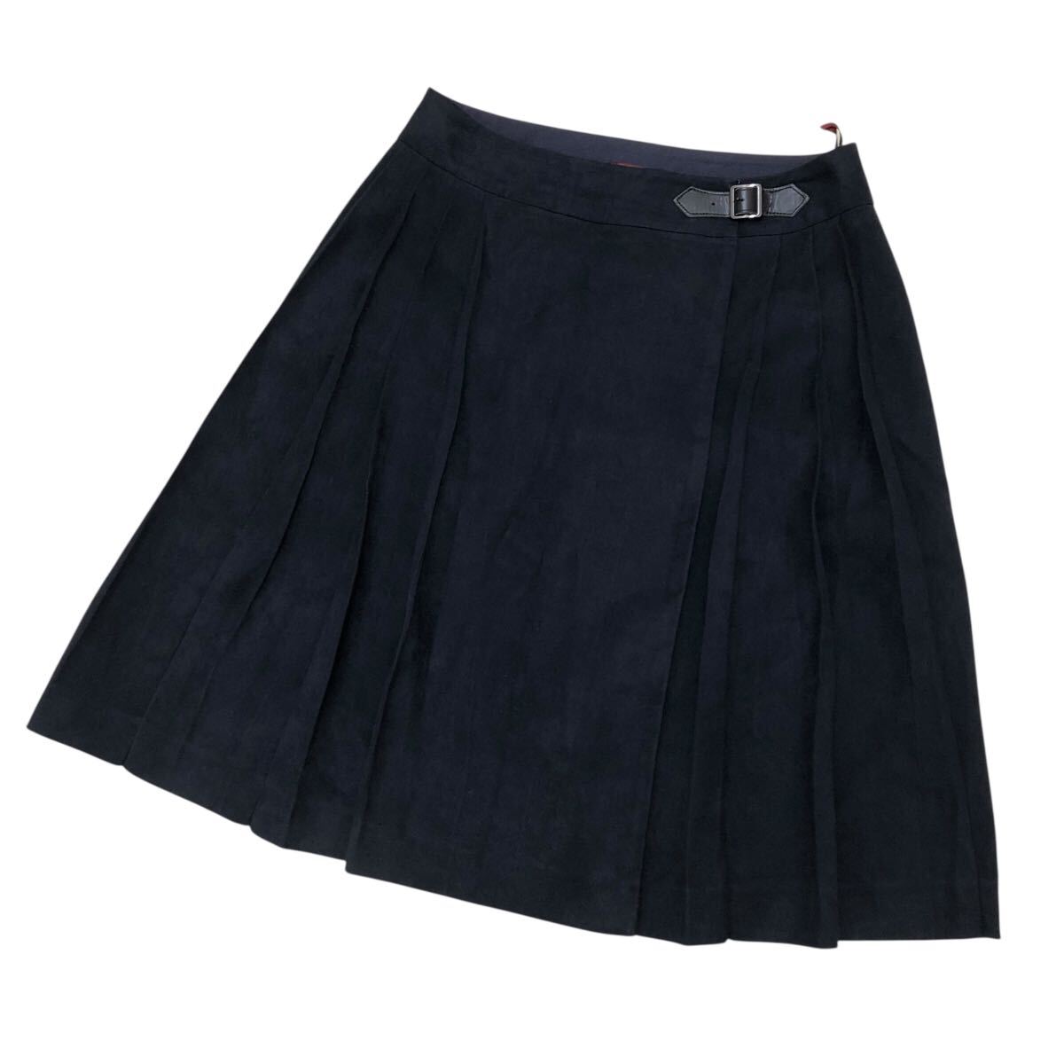 10NK007-84 AMACA アマカ フレア ミニ スカート 膝丈 プリーツ ベルト デザイン ベロア ネイビー レディース 女性用 38拍卖