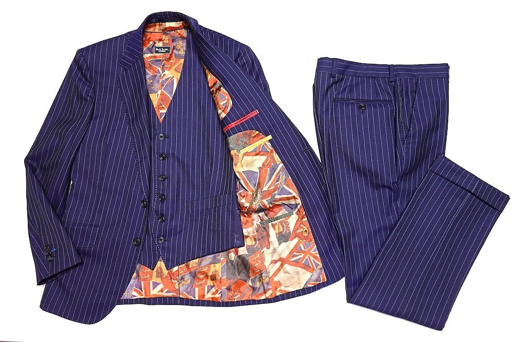 13AW 定価13万 極美品 Paul Smith ユニオンジャック柄裏地 ストライプ スリーピース スーツ セットアップ ウール シルク ネイビー メンズ M拍卖