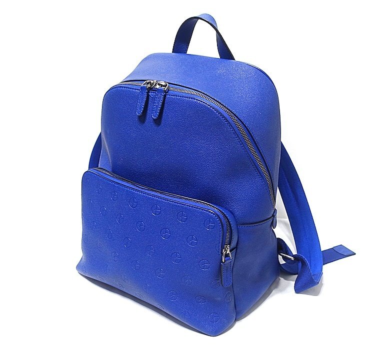 美品 GIORGIO ARMANI ジョルジオアルマーニ GAエンボスロゴ グレインレザー バックパック リュック カーフ ブルー系 ビジネスバッグ拍卖