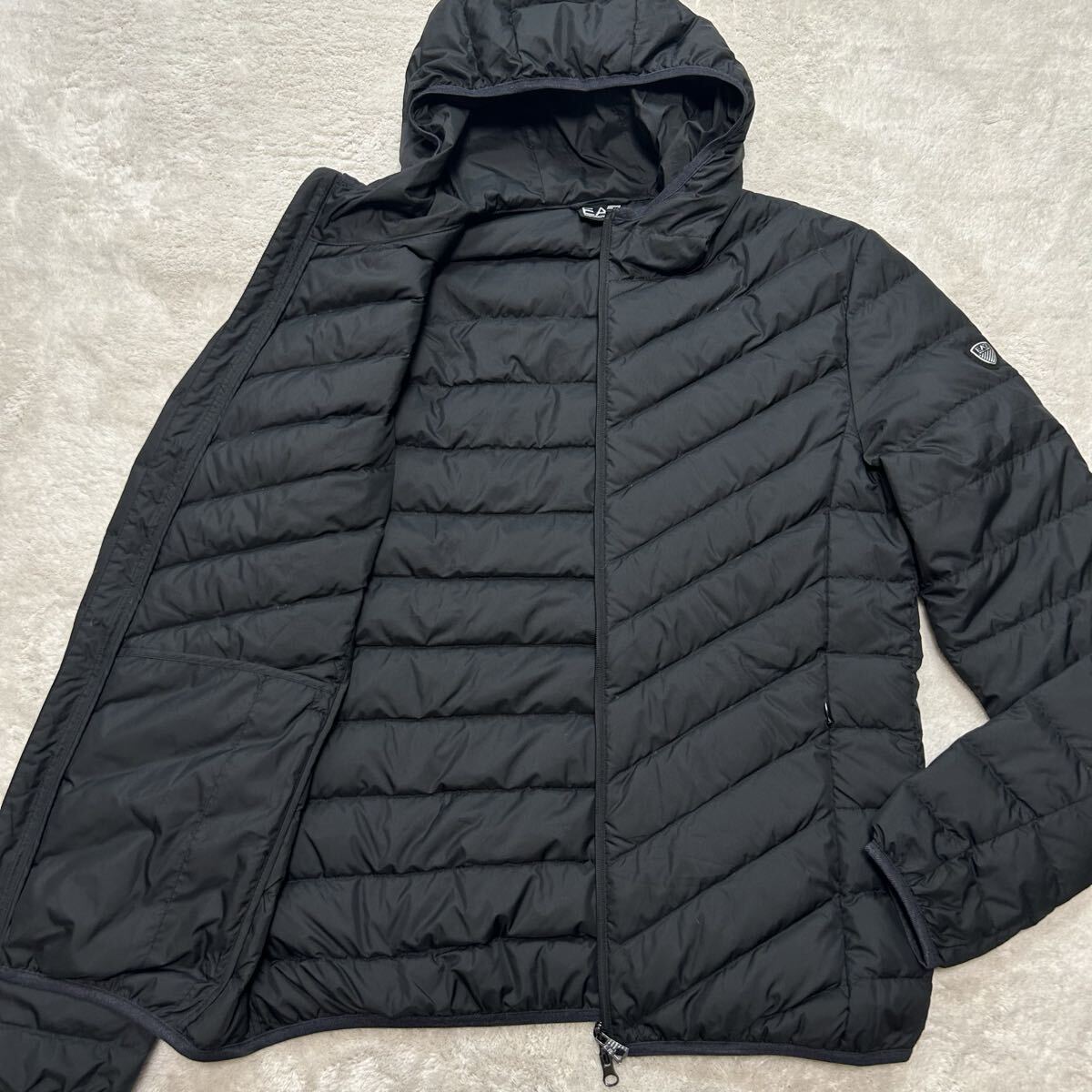 未使用級/XL相当●エンポリオアルマーニ EMPORIO ARMANI ダウンジャケット キルティング ロゴプレート ジップ フード アウター 極暖 軽量 拍卖