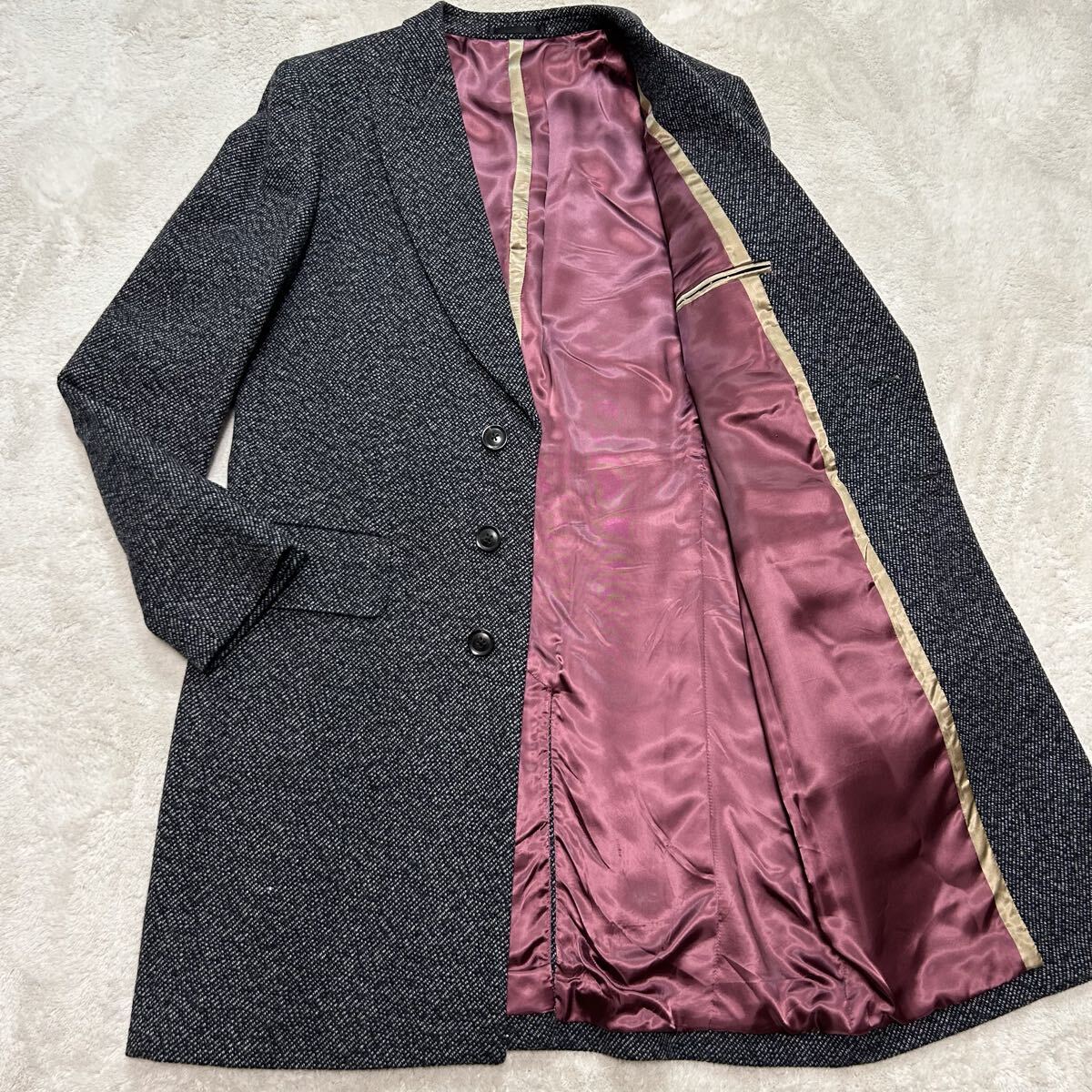 未使用級/XLサイズ●ポールスミス Paul Smith チェスターコート 極上ウール ロングコート 裏地ボルドー 霜降り メランジ アウター ビジネス拍卖