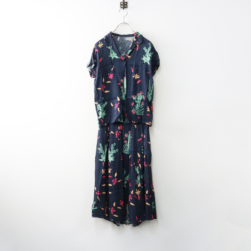 ルーニィ LOUNIE サボテン柄プリントブラウス スカート セットアップ 36\ネイビー 開襟 シャツ フレア ゴム【2400014612042】拍卖