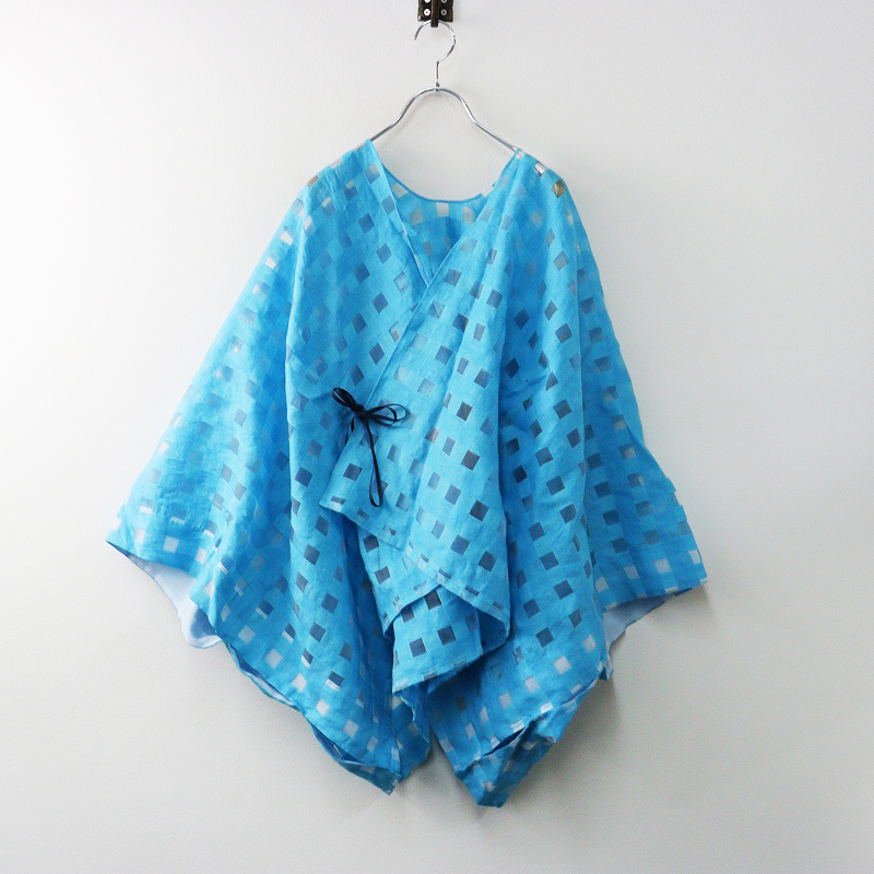 美品 ソウソウ SOU SOU 京都 麻 透かし格子織 きさらぎ 短丈 羽織り\ライトブルー リネン カーディガン【2400014606942】拍卖