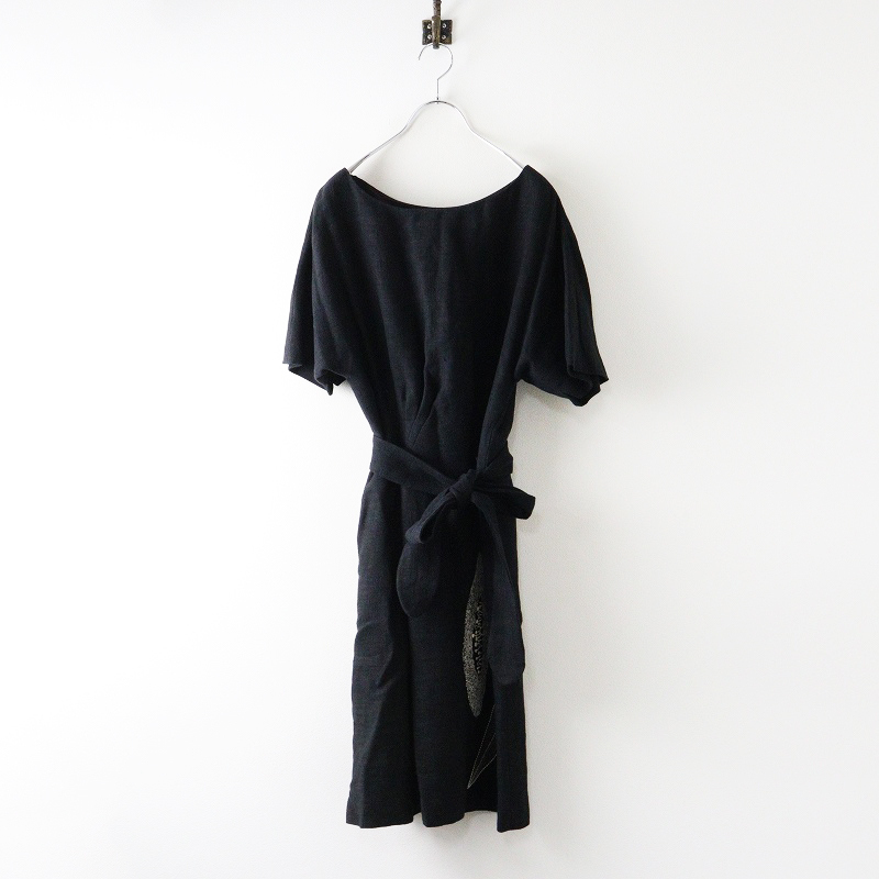 ミナペルホネン mina perhonen moon flower ワンピース 36\ブラック リネン ベルト ドレス 刺繍 タック フラワー【2400014653724】拍卖