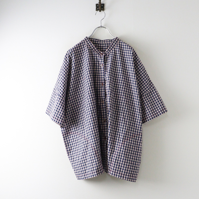 大きいサイズ アズノウアズ AS KNOW AS 格子刺繍入ギンガムチェックバンドカラー半袖チュニックブラウス 3 ネイビー┃【2400014665857】拍卖