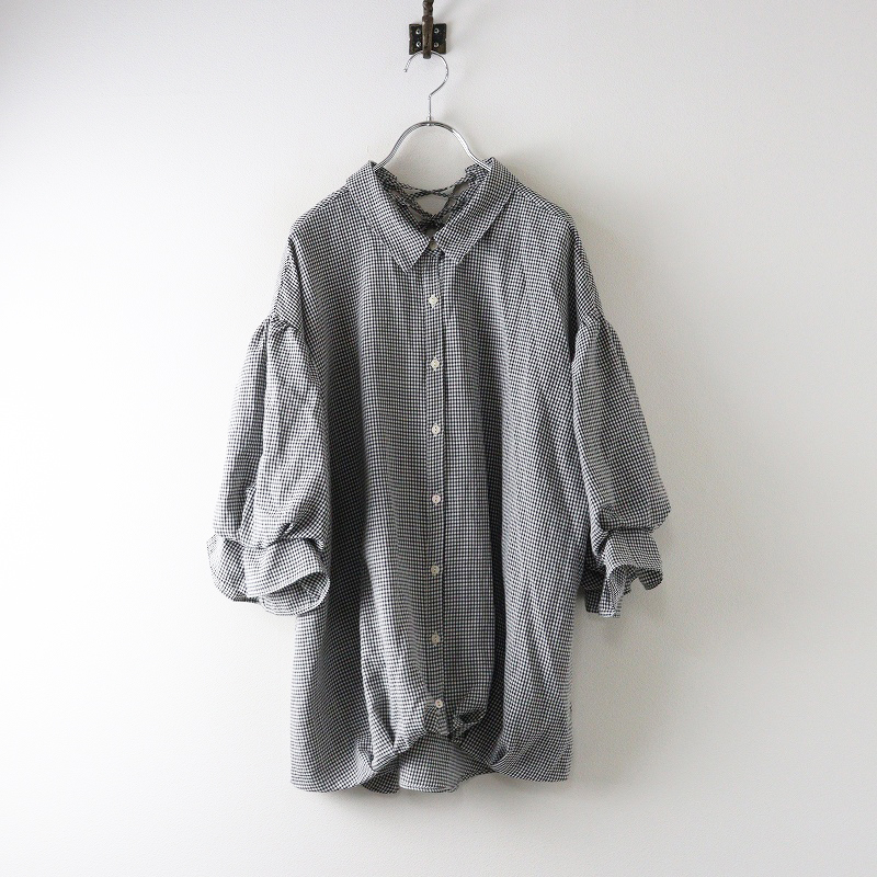 美品 大きめサイズ アズノゥアズ プラス AS KNOW AS ギンガムチェック バルーンスリーブブラウス F 白黒┃トップス【2400014668971】拍卖